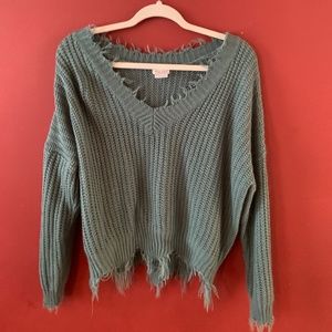 Hunter Green Distressed Wide-Neck Sweater